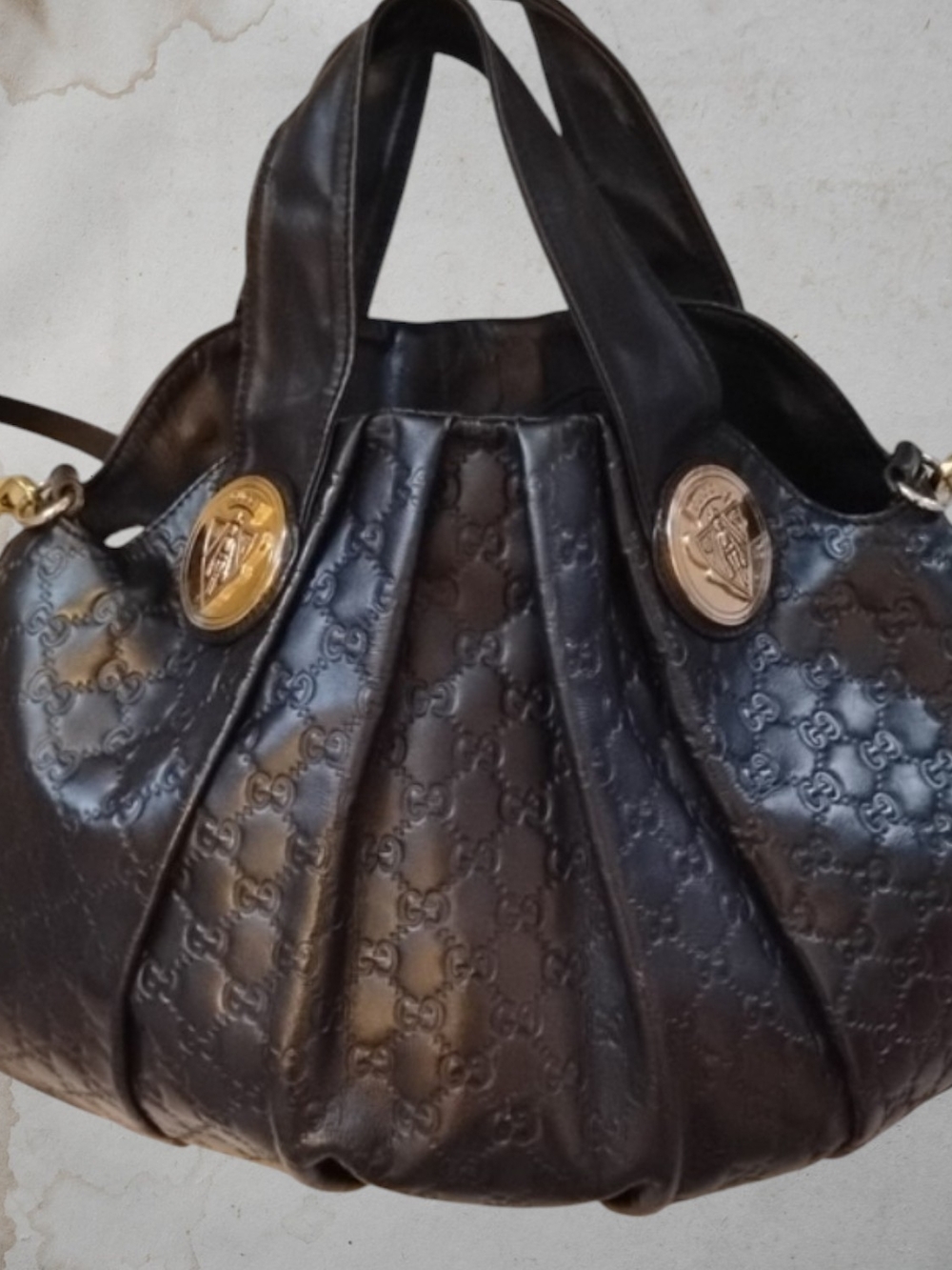 Gucci Black Embossed Leather Hobo with Gold Medallions